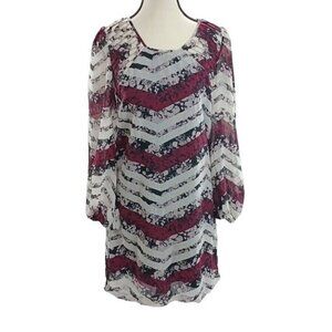 Love Fire Dress Purple White Geometric Long Sleeve Shift Chiffon Size Medium